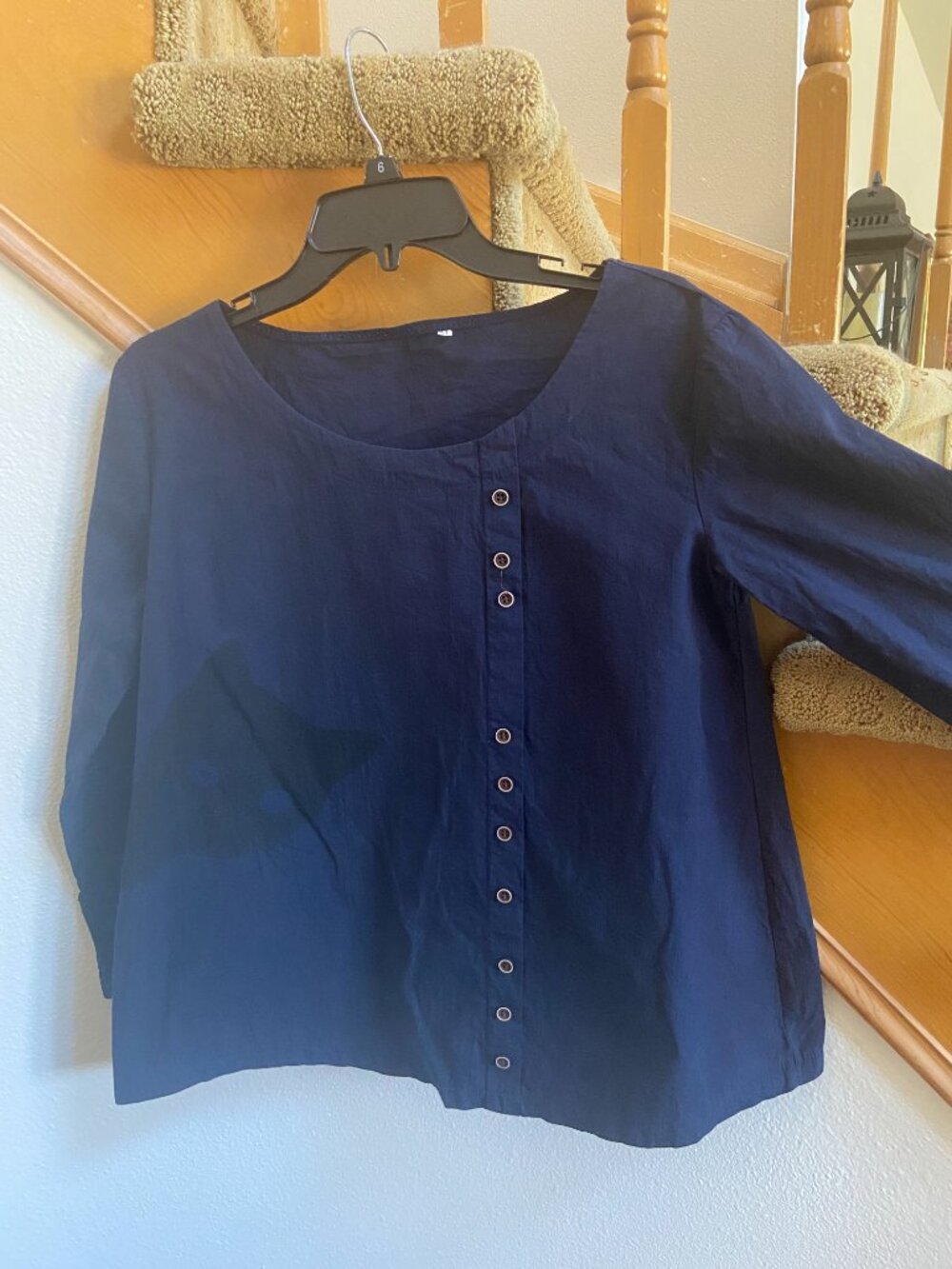 Peeking Cat navy cotton blend blouse round collar sz M